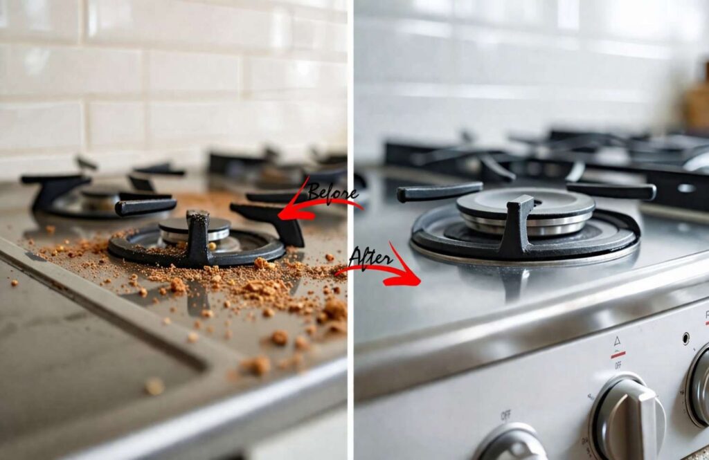 تنظيف مطبخ قبل وبعد في الكويت إزالة الدهون عن الغاز باحترافية